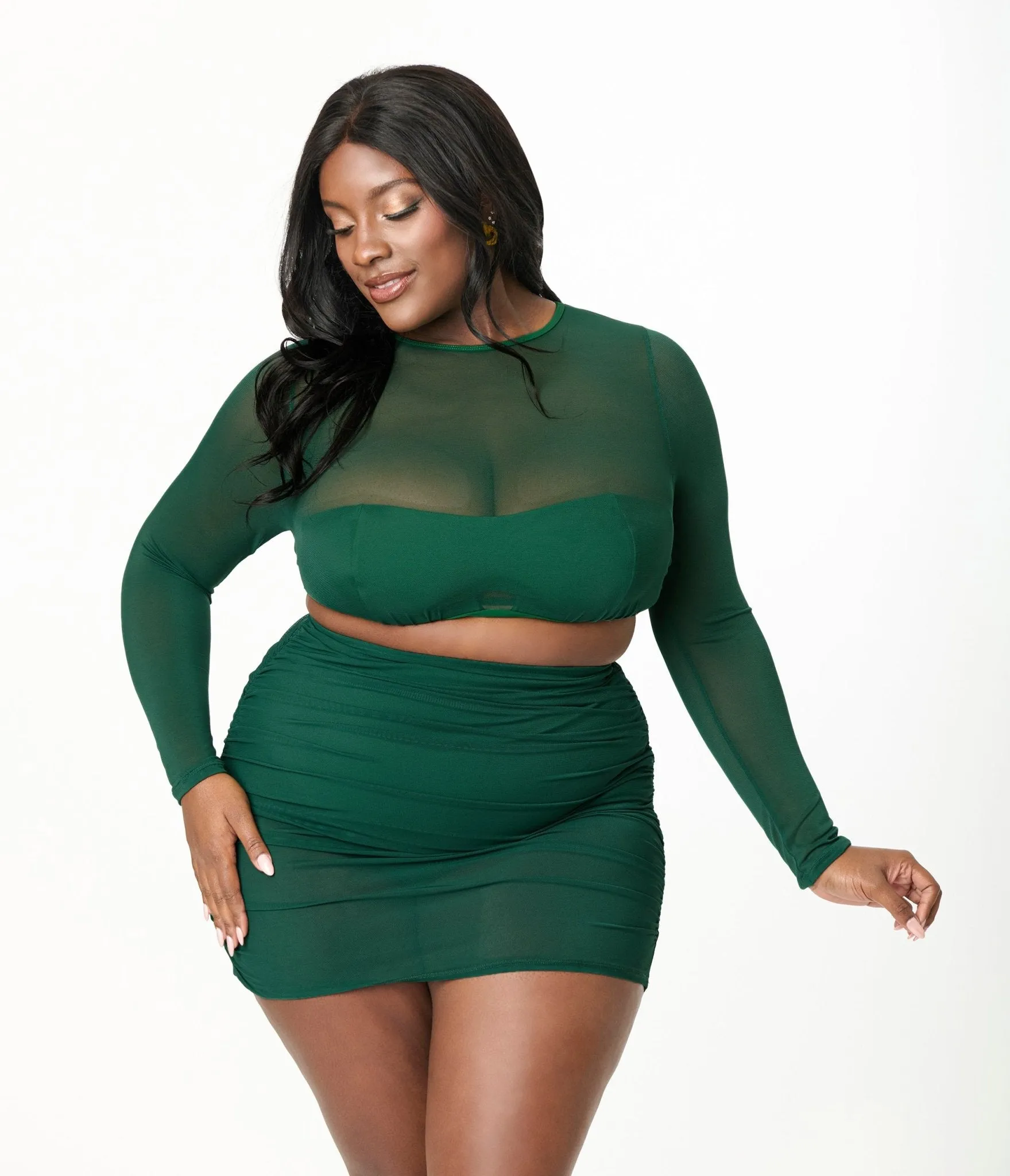 Unique Vintage Plus Size Green Mesh Long Sleeve Swim Top