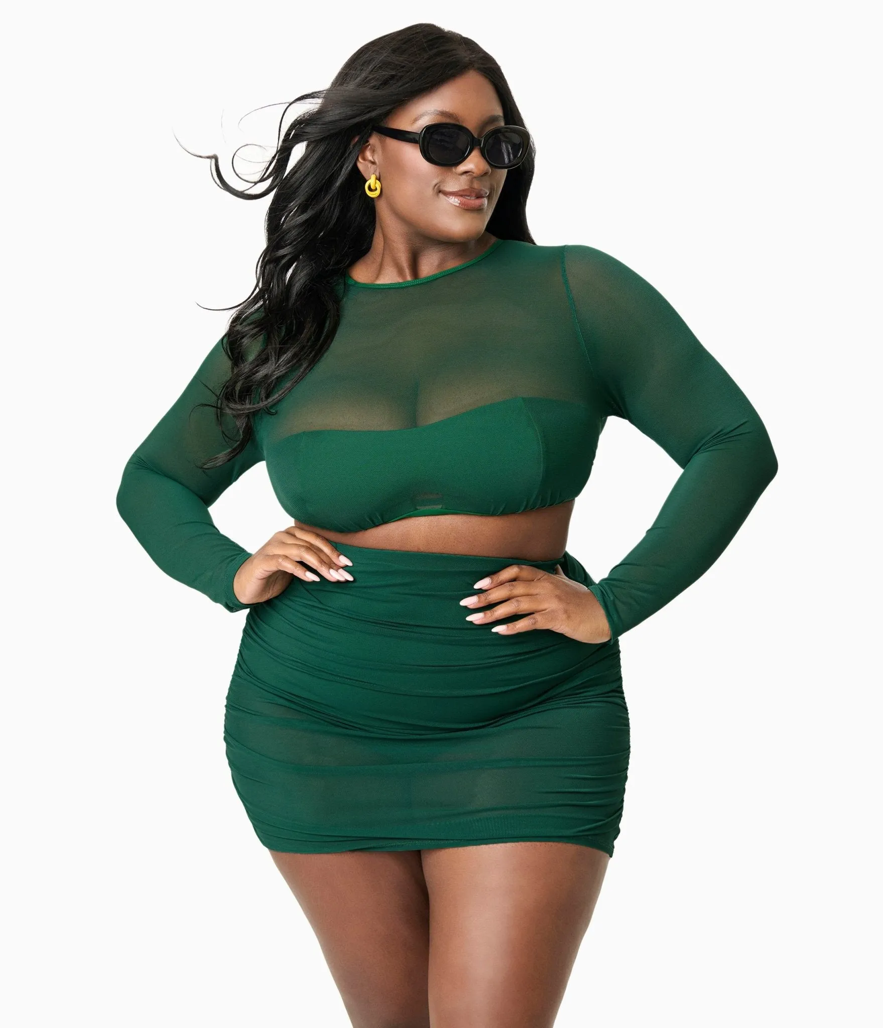 Unique Vintage Plus Size Green Mesh Long Sleeve Swim Top