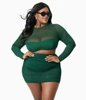 Unique Vintage Plus Size Green Mesh Long Sleeve Swim Top