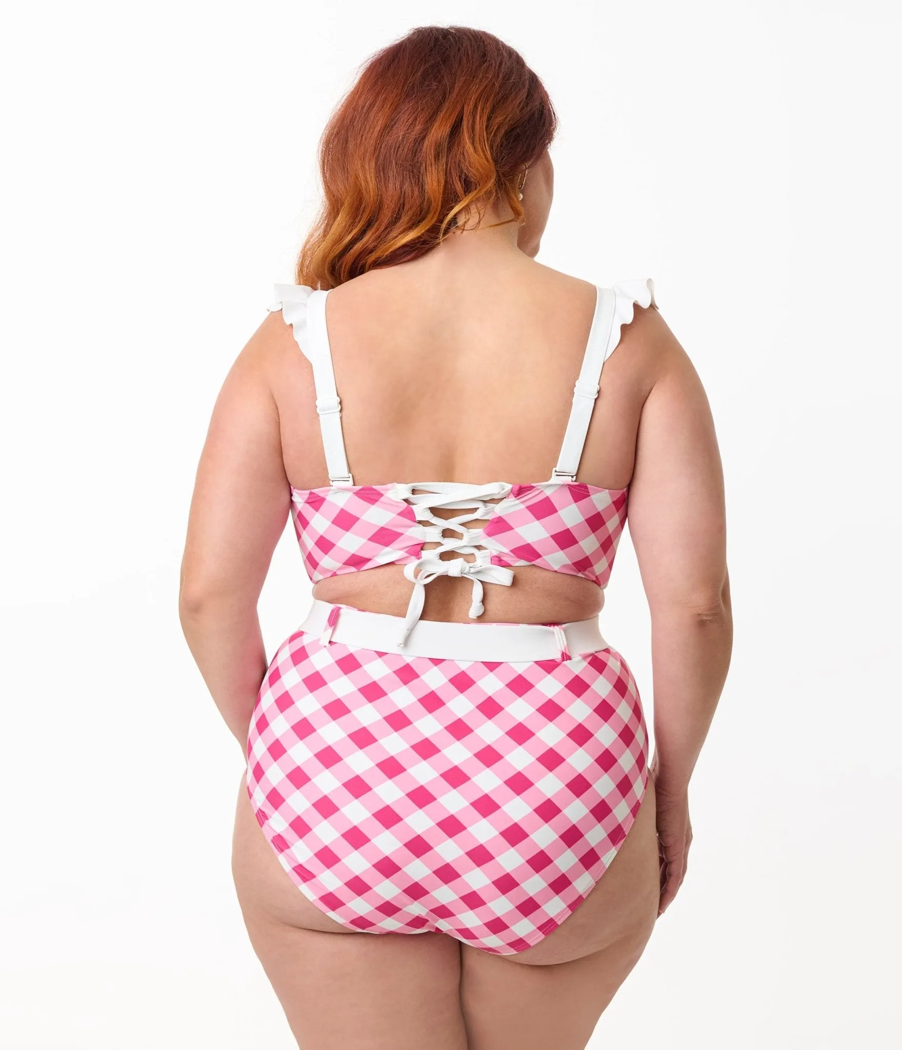 Unique Vintage Plus Size Pink & White Gingham Southampton Swim Top