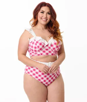Unique Vintage Plus Size Pink & White Gingham Southampton Swim Top