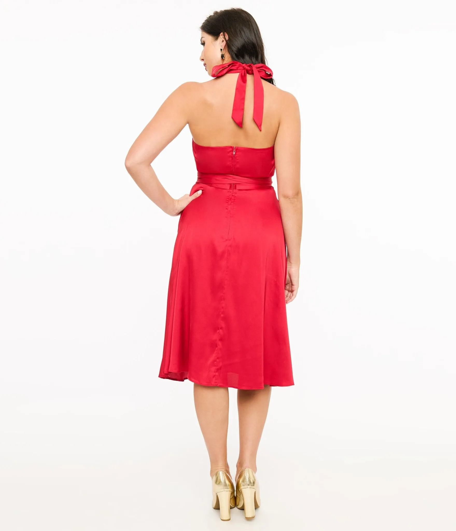 Unique Vintage Red Satin Halter Swing Dress
