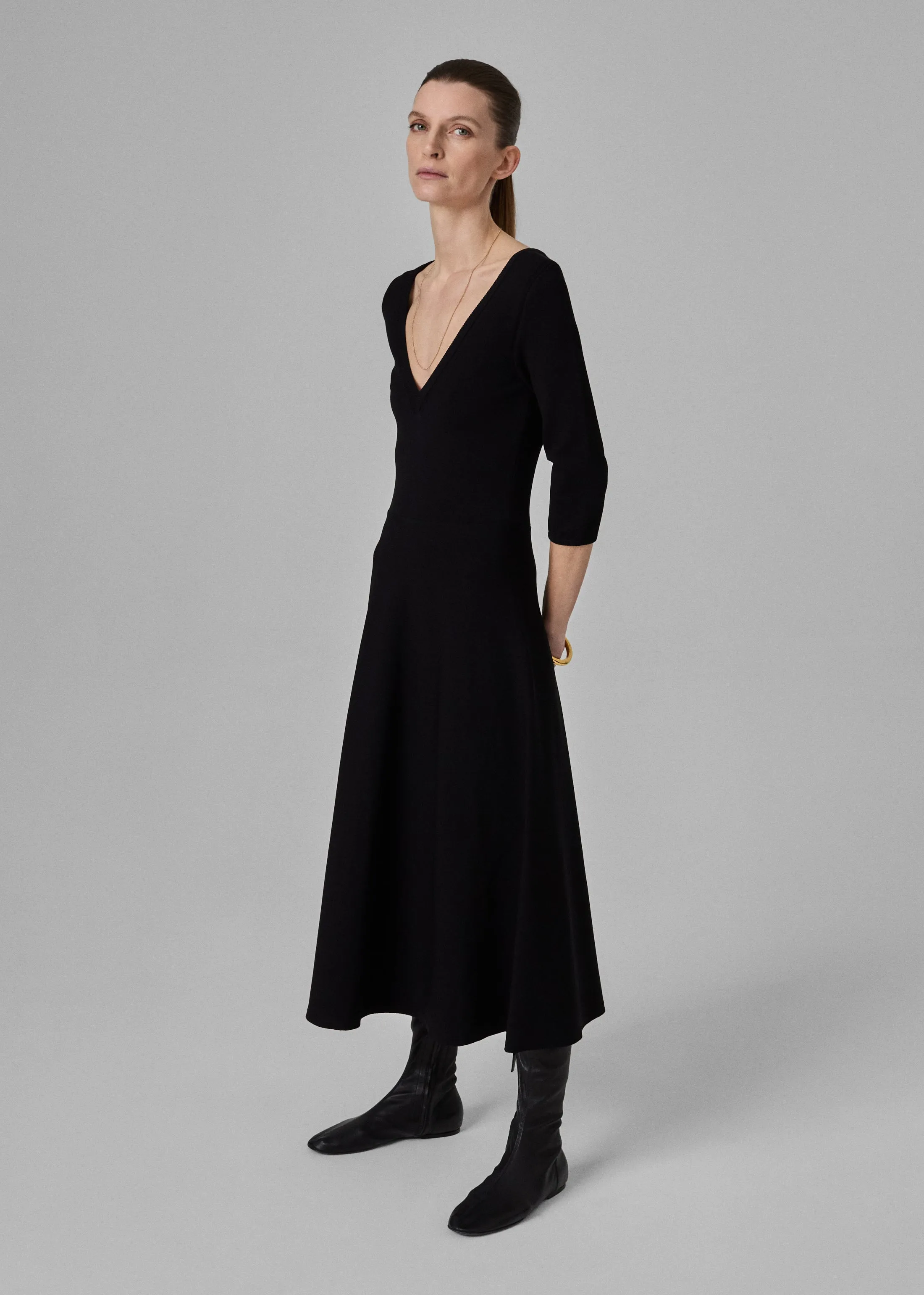 V Neck A-Line Knit Dress  - Black