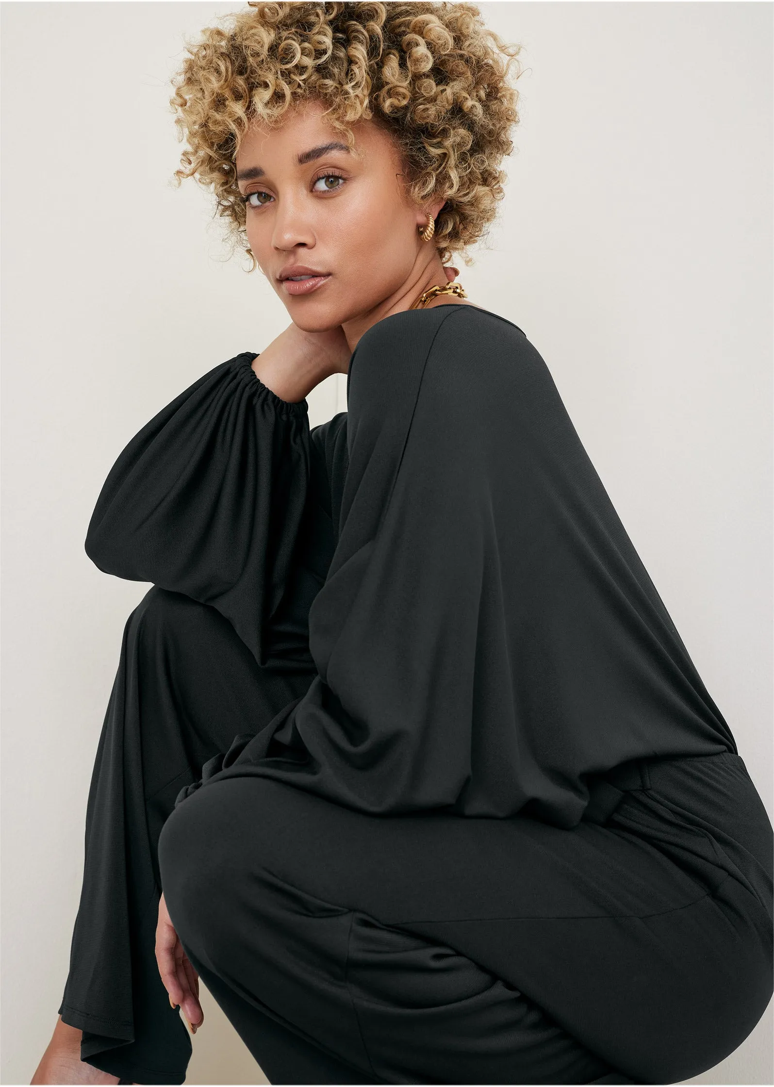 Volume Sleeve Detail Jumpsuit - Black