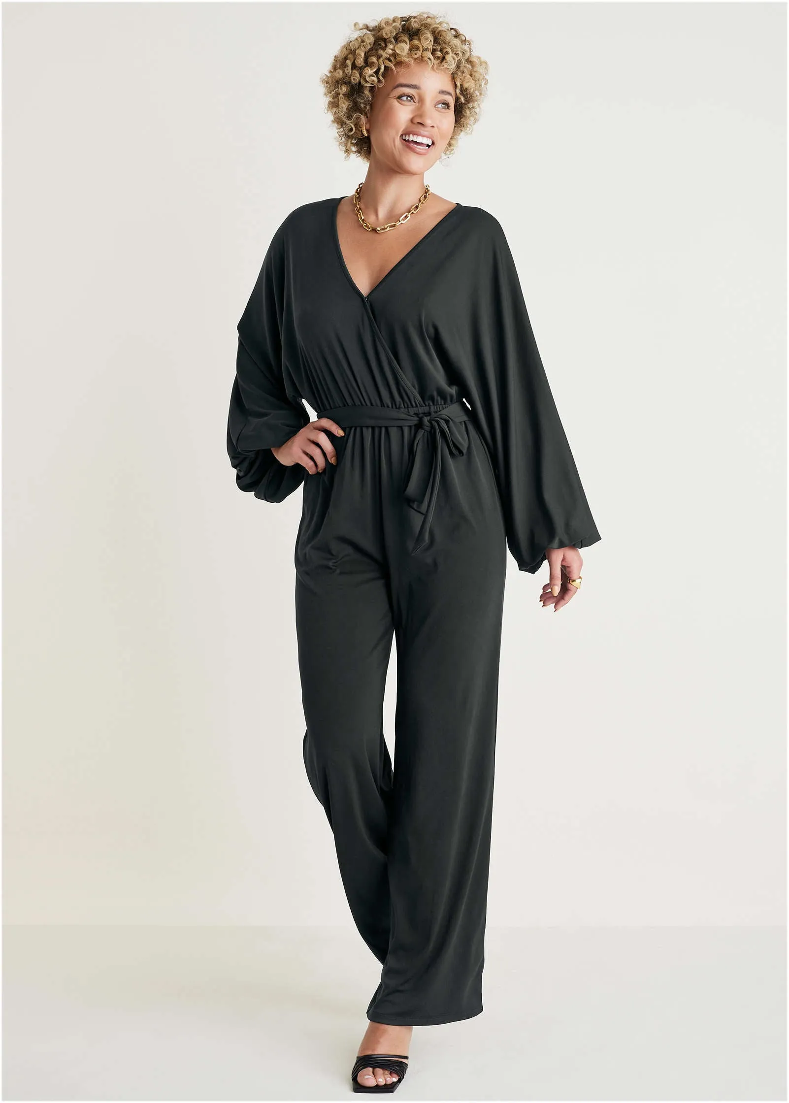 Volume Sleeve Detail Jumpsuit - Black
