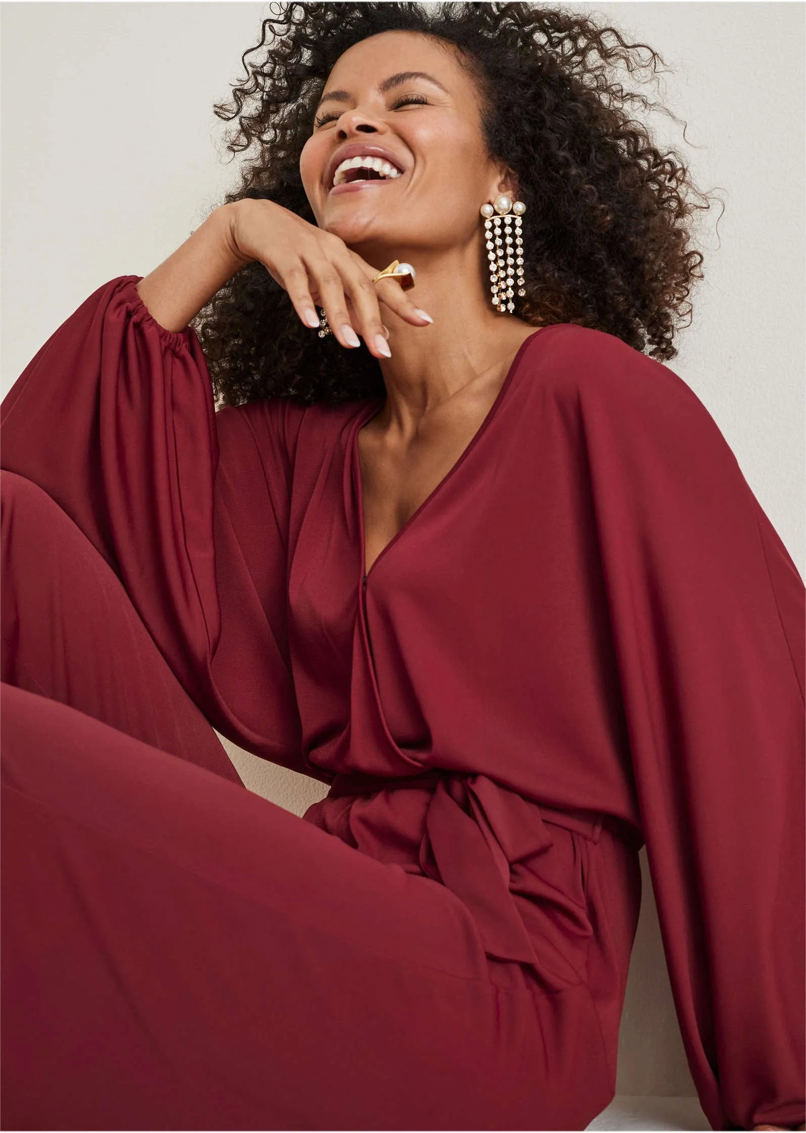 Volume Sleeve Detail Jumpsuit - Wine