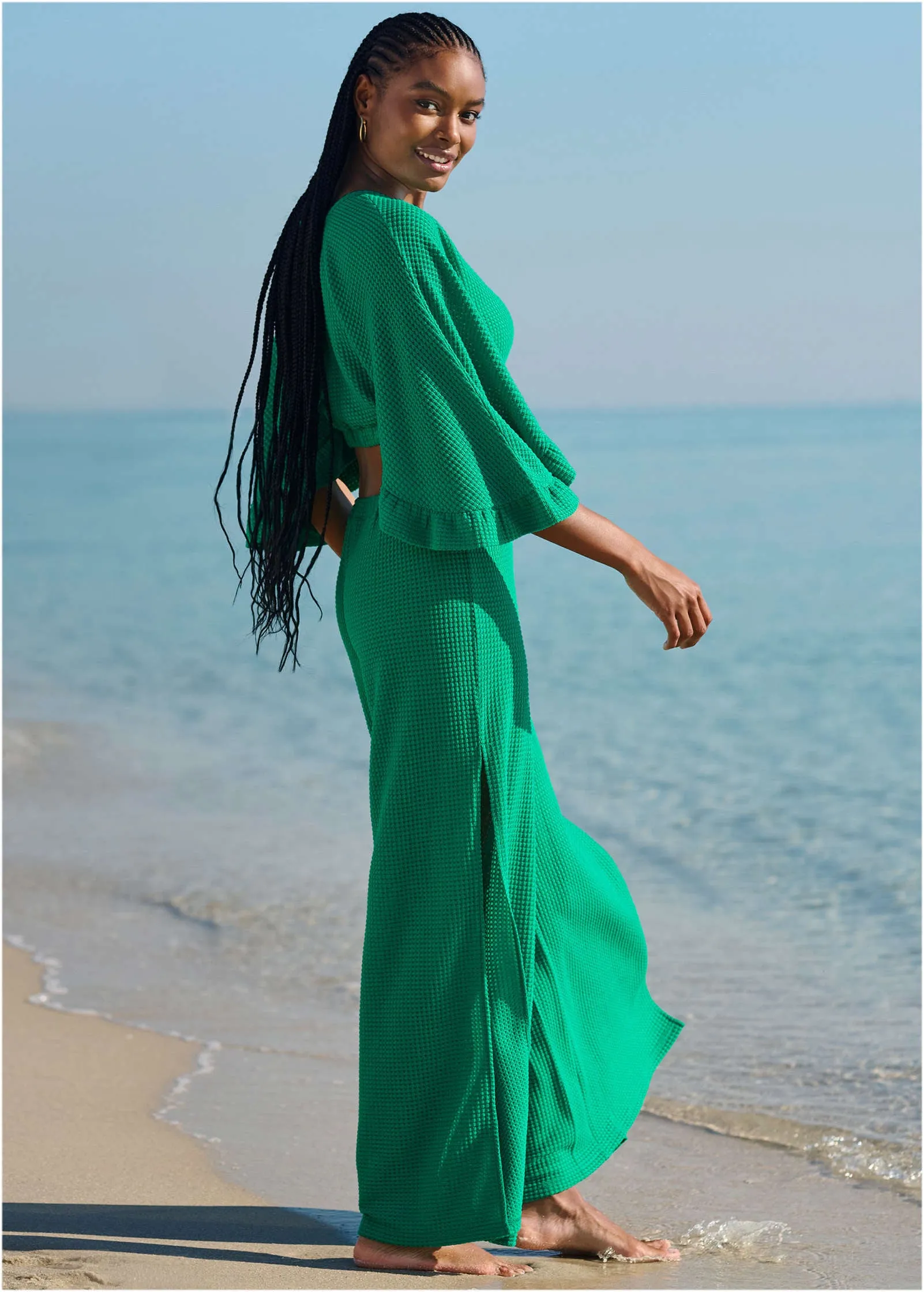 Waffle Knit Crop Cover-Up - Royal Green