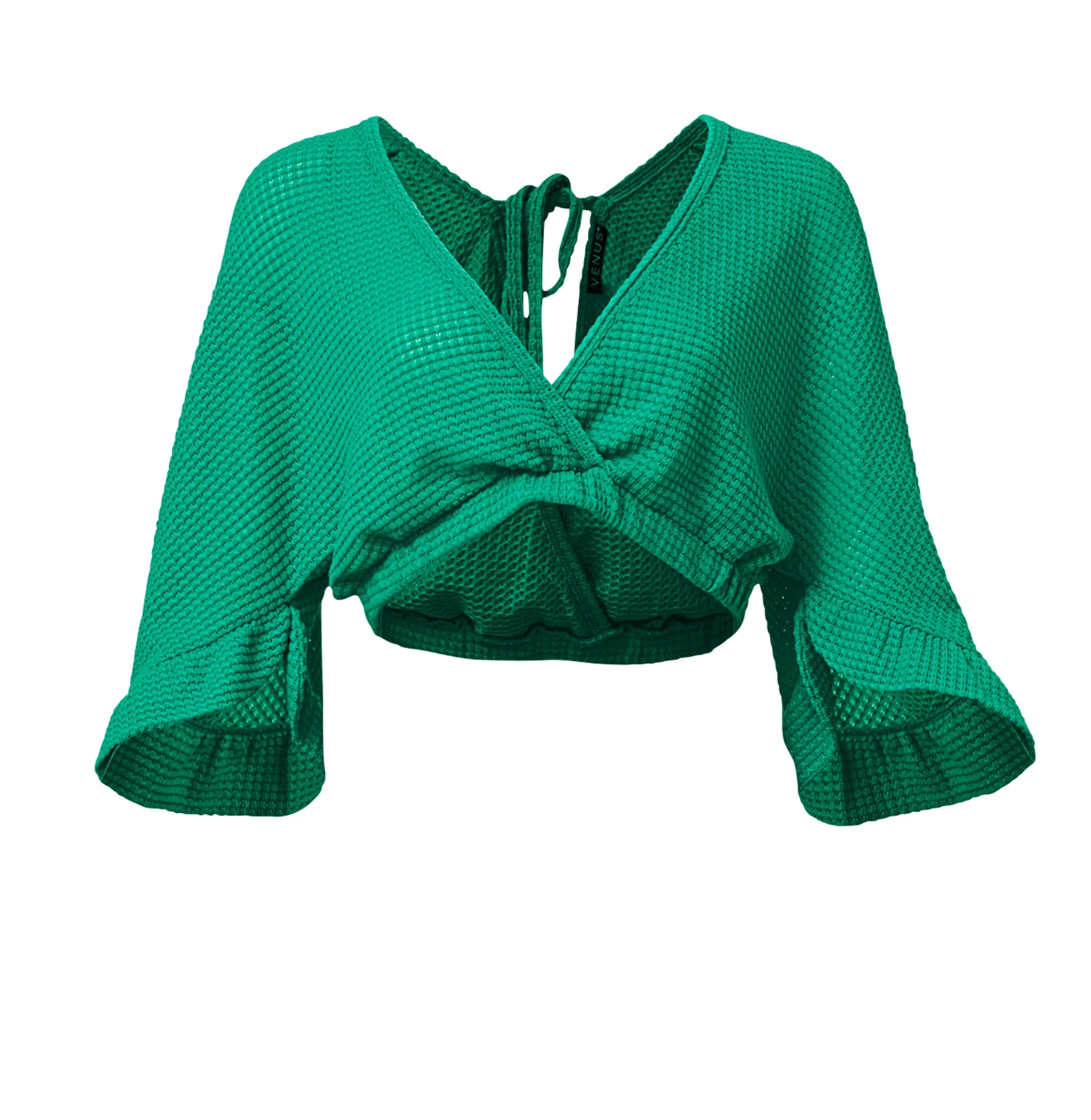 Waffle Knit Crop Cover-Up - Royal Green