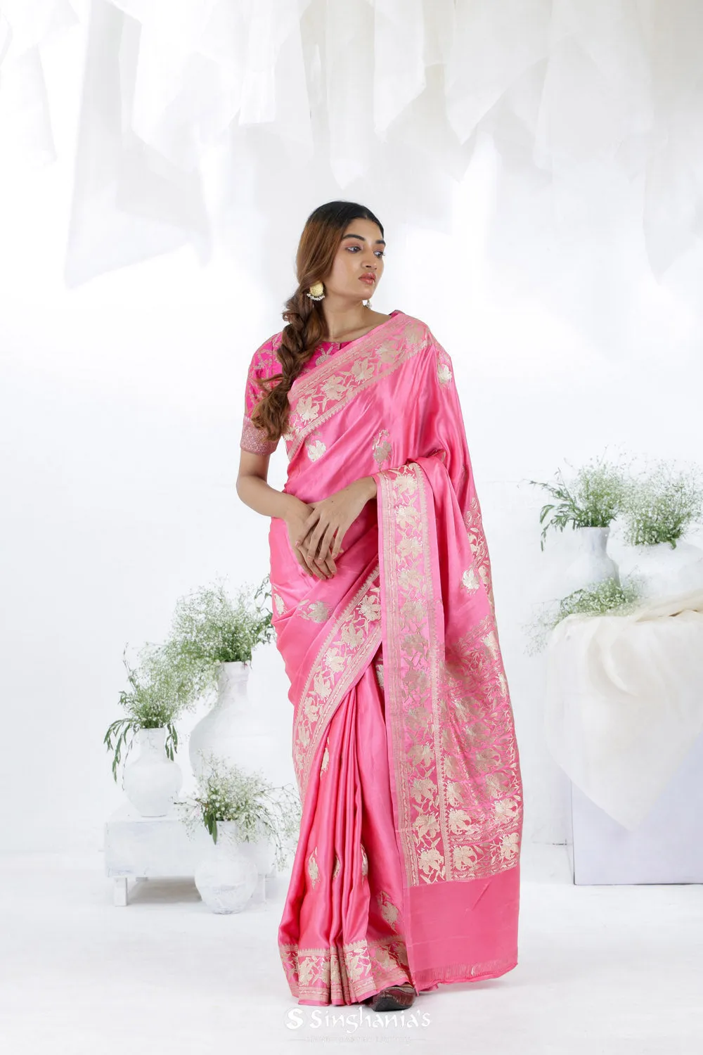 Watermelon Pink Banarasi Silk Saree with Floral Butta