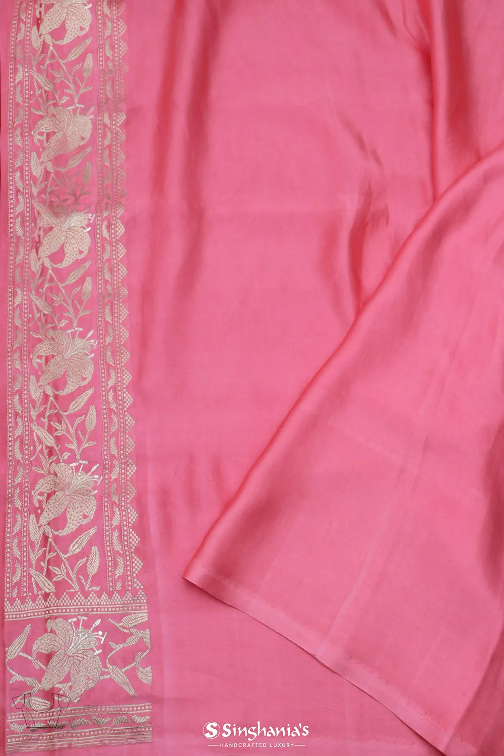 Watermelon Pink Banarasi Silk Saree with Floral Butta