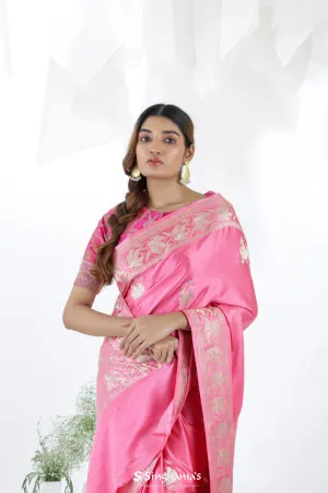 Watermelon Pink Banarasi Silk Saree with Floral Butta