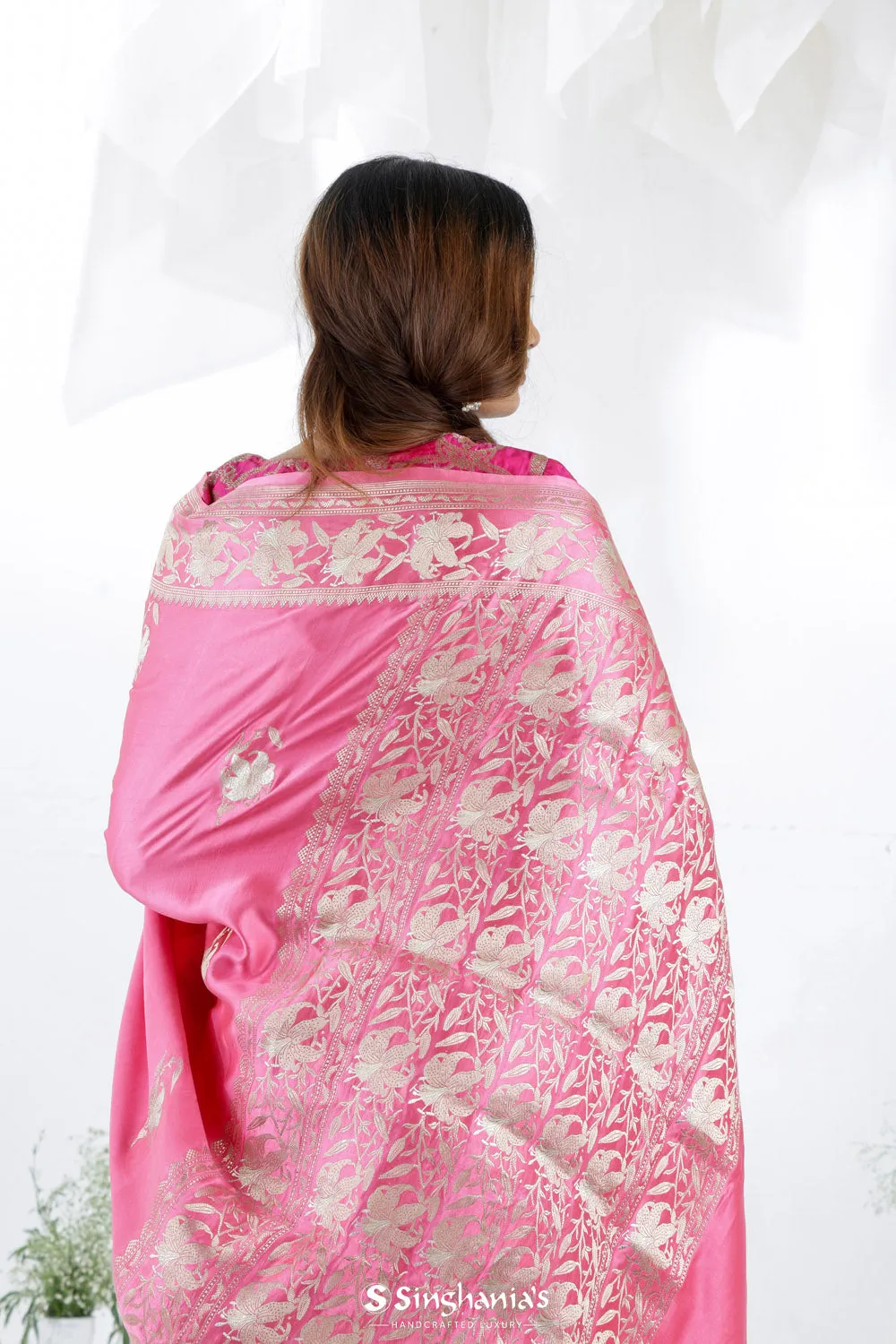 Watermelon Pink Banarasi Silk Saree with Floral Butta