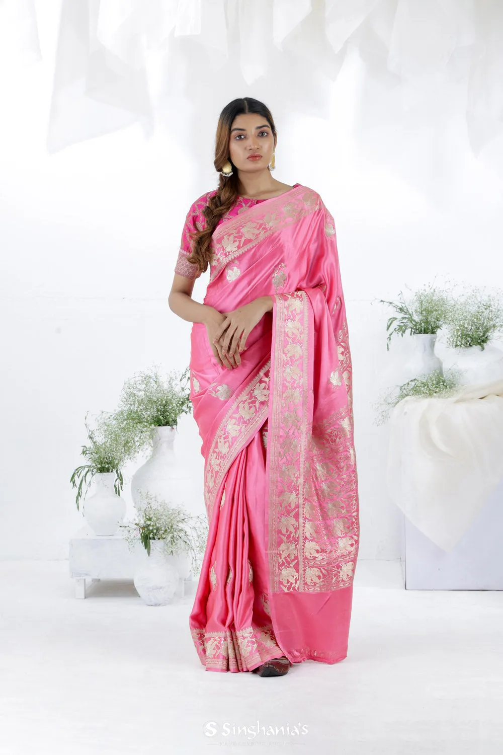Watermelon Pink Banarasi Silk Saree with Floral Butta
