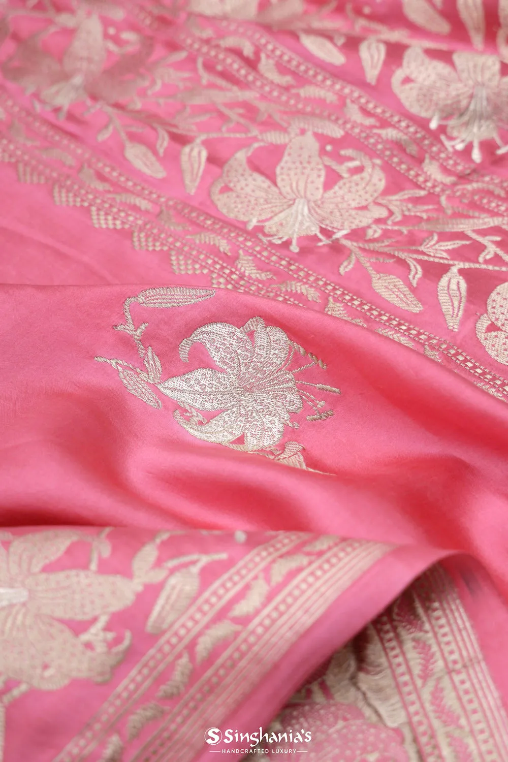 Watermelon Pink Banarasi Silk Saree with Floral Butta