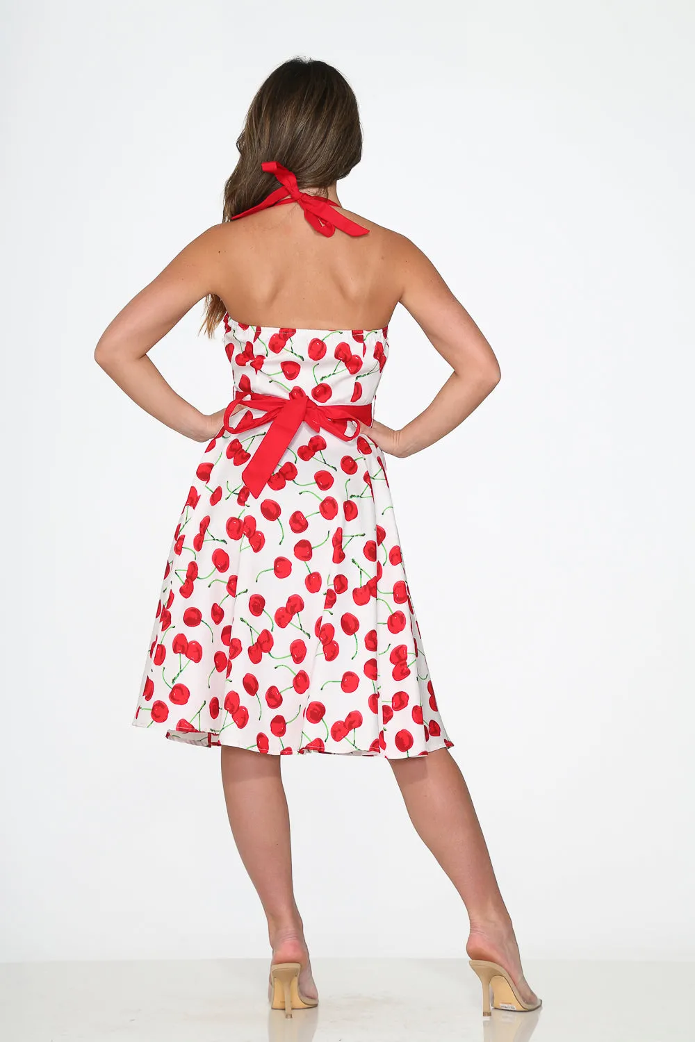 White Red Cherry Halter Swing Dress