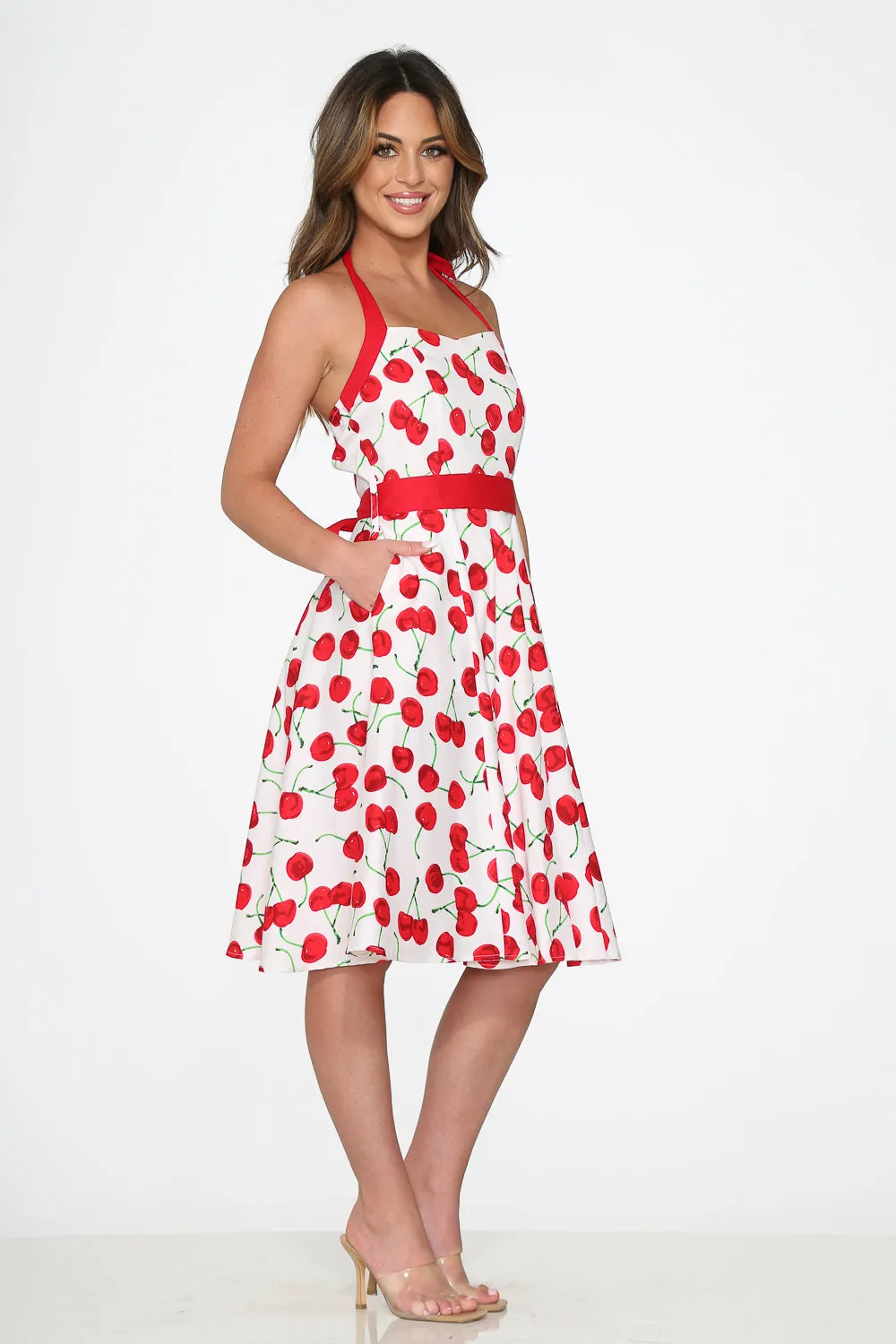 White Red Cherry Halter Swing Dress