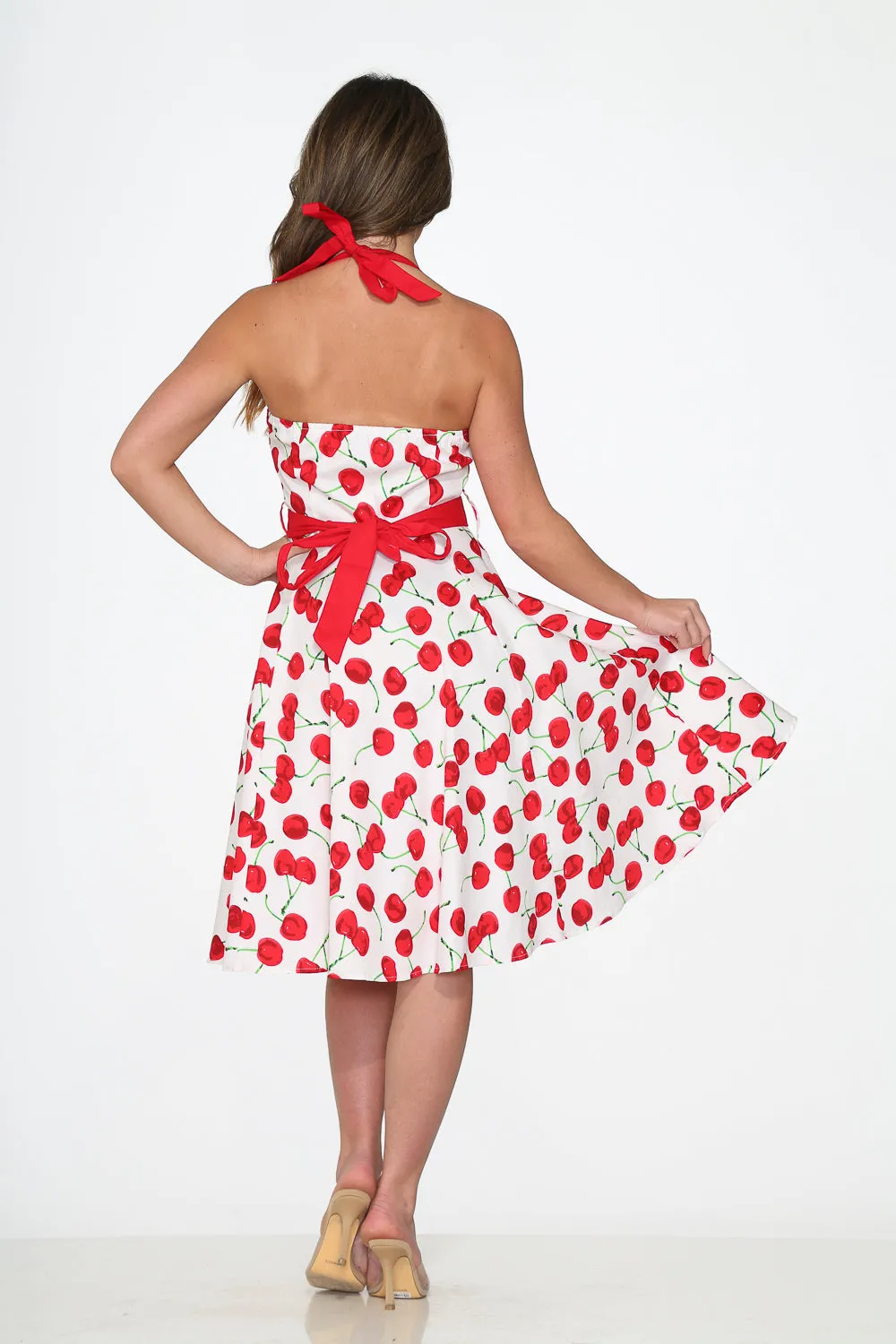 White Red Cherry Halter Swing Dress