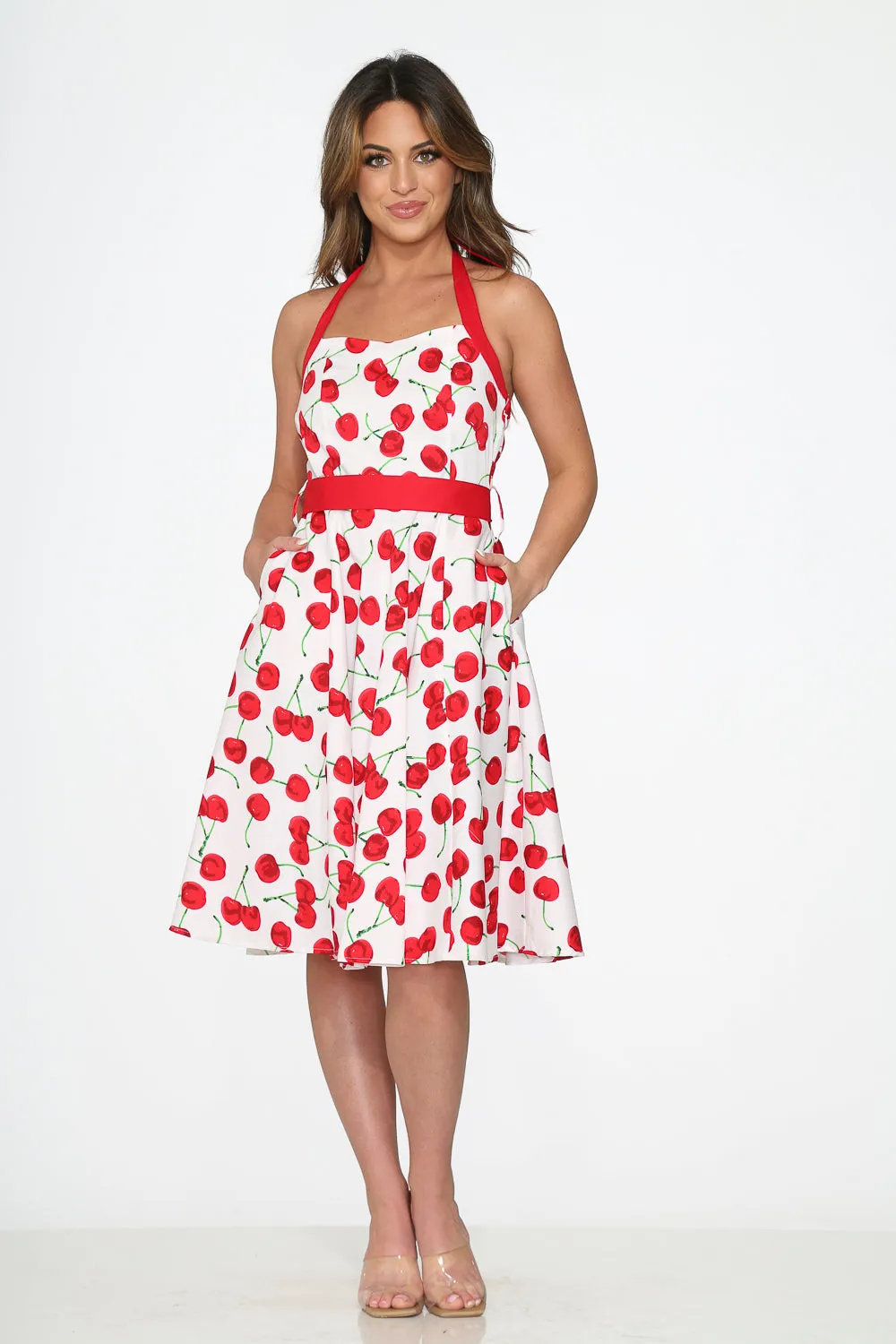 White Red Cherry Halter Swing Dress