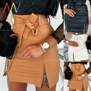 Women’s Bandage PU Leather Mini Skirt
