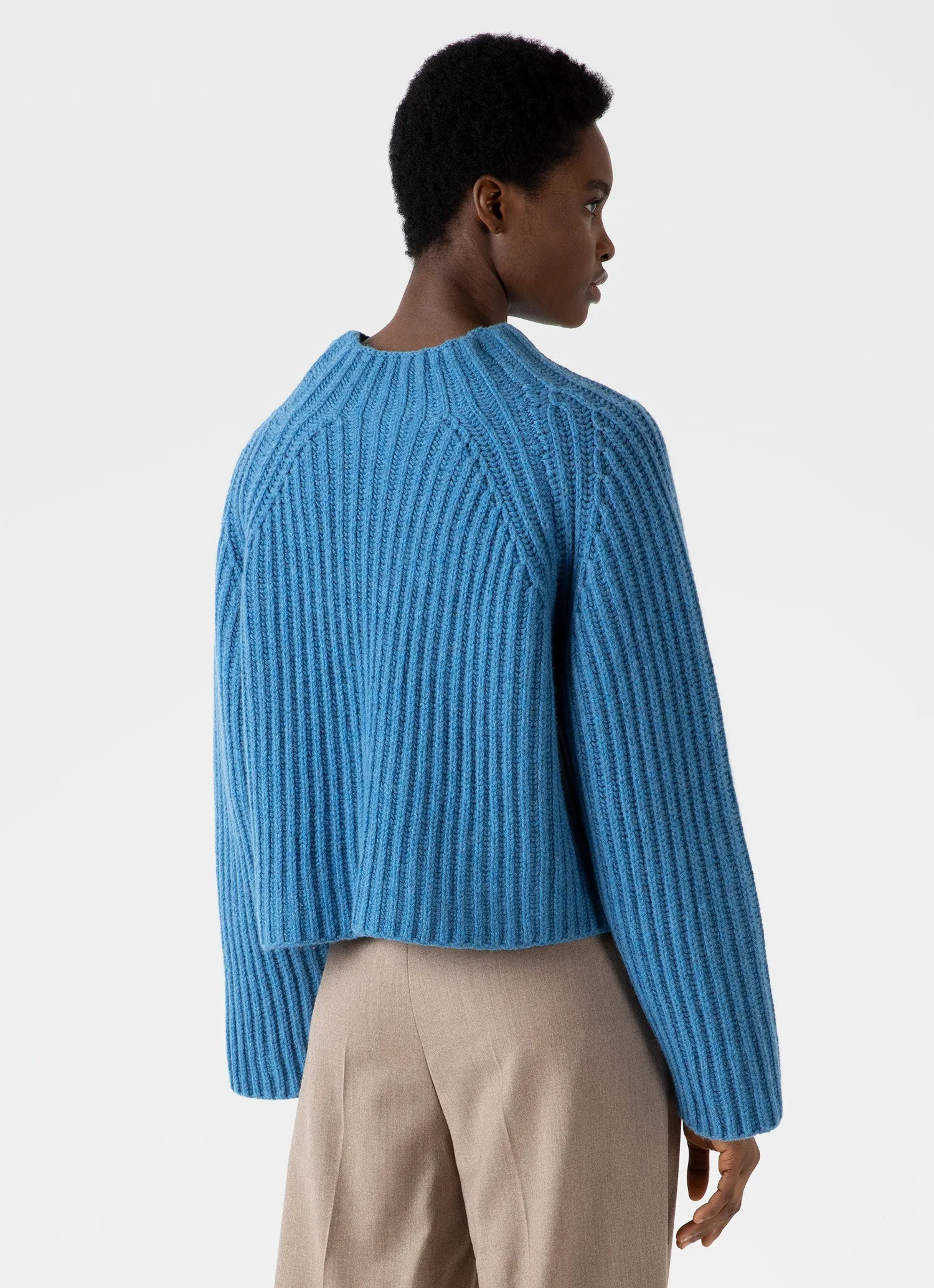 Women's Lambswool Chunky Funnel Neck Jumper in Blue Jean