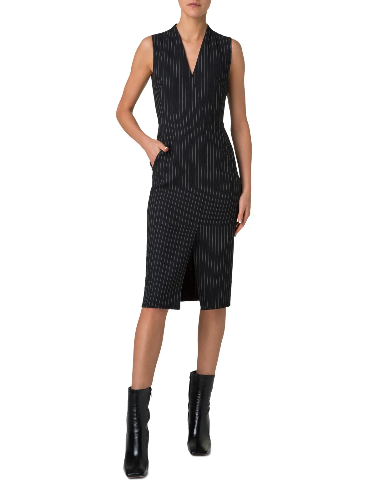 Wool Double-Face Sheath Dress with Pinstripes