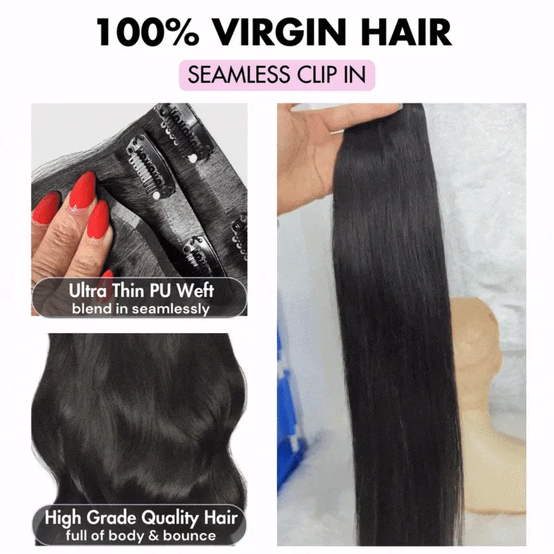 WOWANGEL Body Wave Seamless Clip Ins Hair Extensions Natural Black