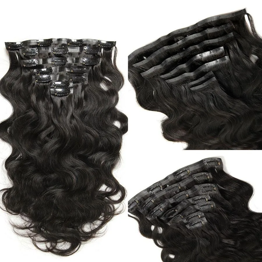 WOWANGEL Body Wave Seamless Clip Ins Hair Extensions Natural Black