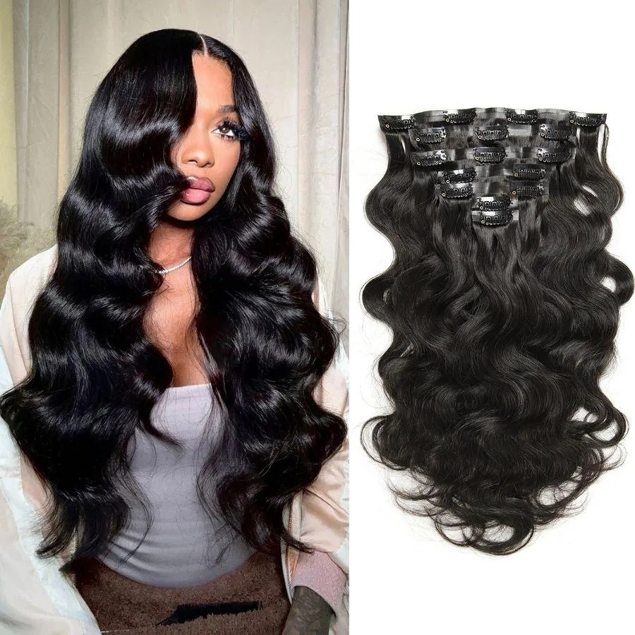 WOWANGEL Body Wave Seamless Clip Ins Hair Extensions Natural Black