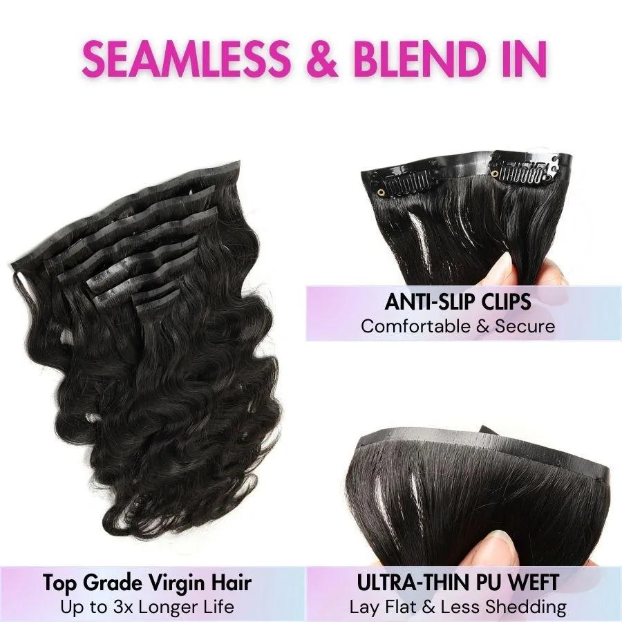 WOWANGEL Body Wave Seamless Clip Ins Hair Extensions Natural Black