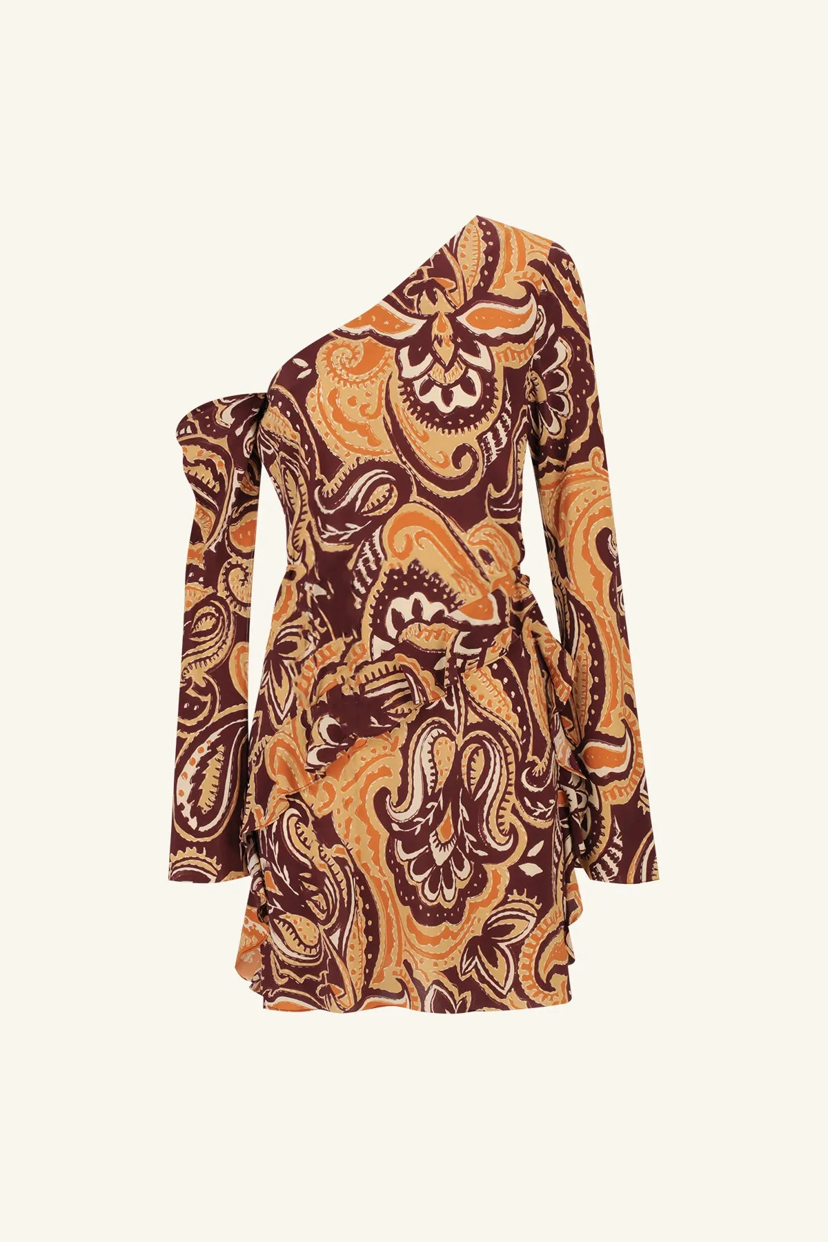ZAHRA SILK ASYMMETRICAL LONG SLEEVE RUFFLE MINI DRESS