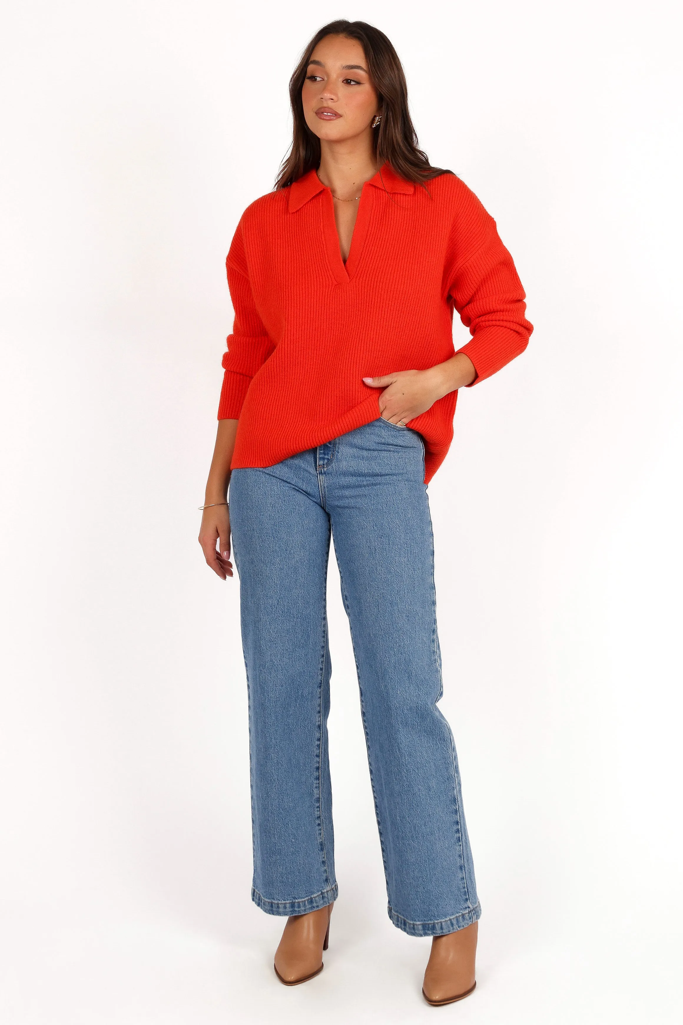 Zala Vneck Collar Knit Sweater - Red