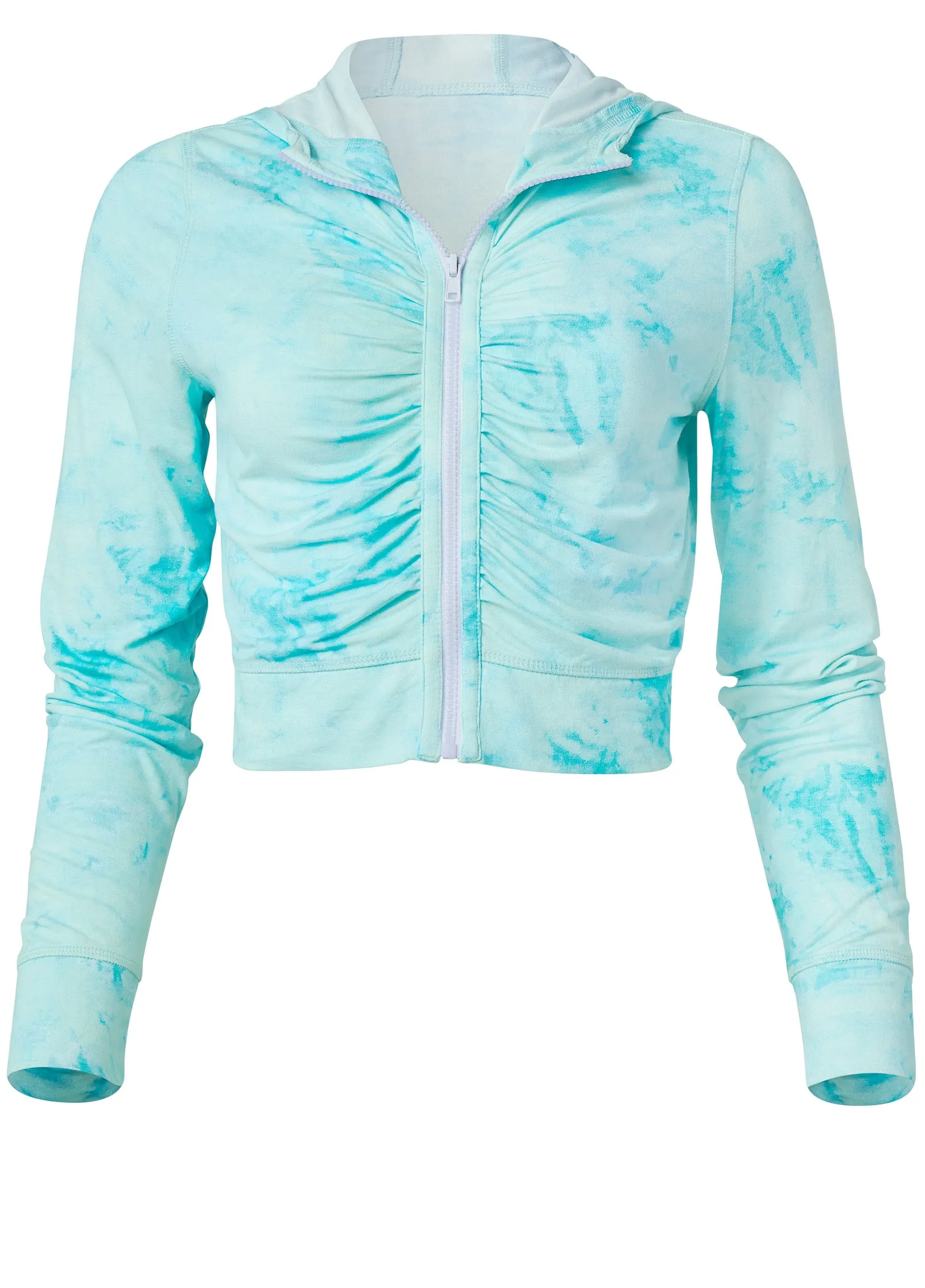 Zip-Front Ruched Hoodie - Aqua Reef & Pearl White