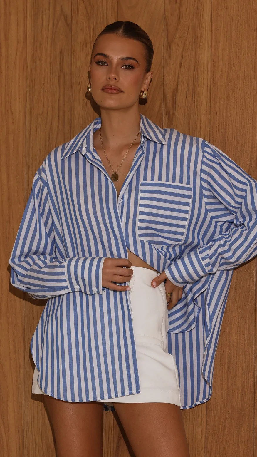 Zoah Long Sleeve Button Up Shirt - Blue/White Stripe