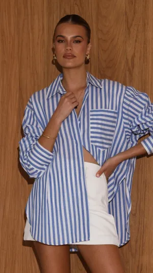 Zoah Long Sleeve Button Up Shirt - Blue/White Stripe