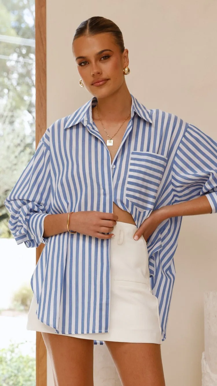 Zoah Long Sleeve Button Up Shirt - Blue/White Stripe